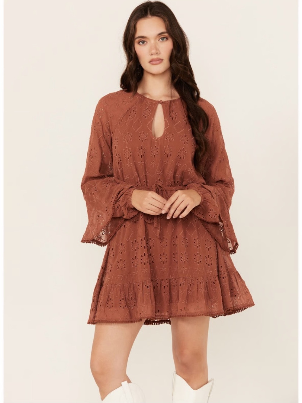 Shyanne Ruffle Lace Boho Eyelet Long Bell Sleeve Cowgirl Brown Mini Dress XS